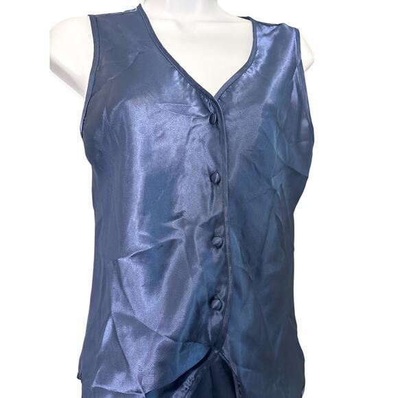 Vintage Kathryn Navy Satin Pajama Set Navy Blue Size Medium - Picture 3 of 5